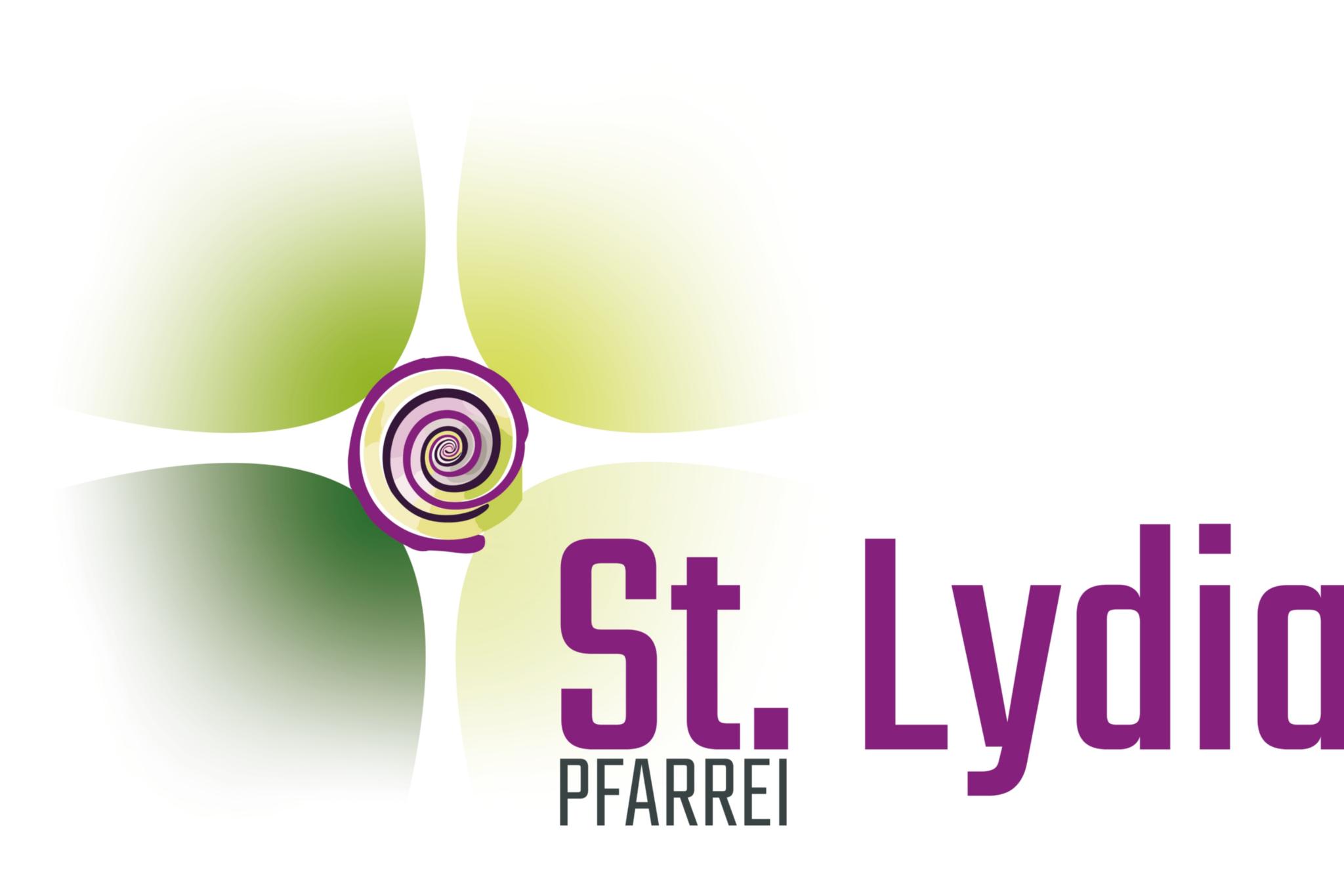 Man sieht vier grüne, abgerundete Felder. In der Mitte befindet sich eine violette Spirale. Darauf der Text St. Lydia, Pfarrei