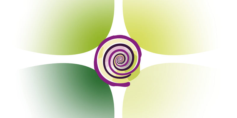 Man sieht vier grüne, abgerundete Felder. In der Mitte befindet sich eine violette Spirale