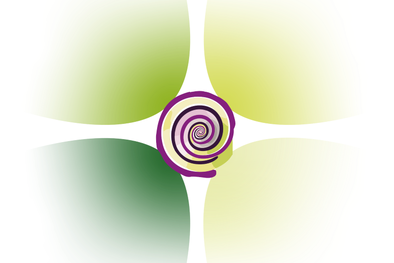 Man sieht vier grüne, abgerundete Felder. In der Mitte befindet sich eine violette Spirale
