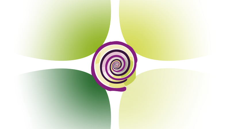 Man sieht vier grüne, abgerundete Felder. In der Mitte befindet sich eine violette Spirale